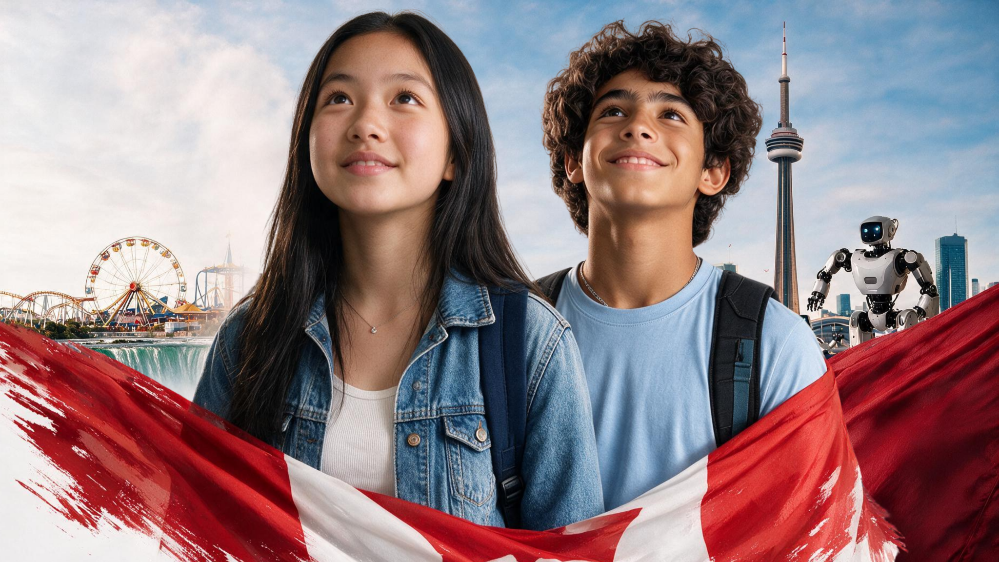 Dois jovens diante de Toronto, Niagara Falls e elementos de tecnologia no Canadá