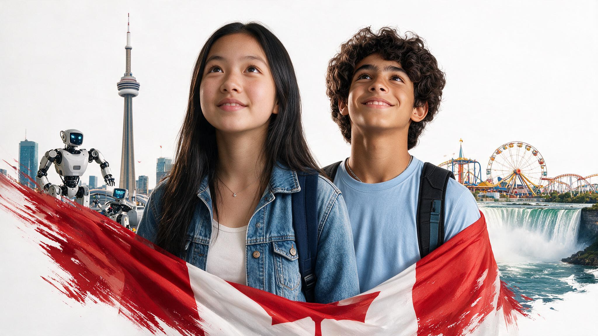 Dois jovens diante de ícones do Canadá, tecnologia e educação